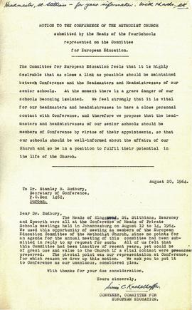 1964 Motion to the Conference of the Methodist Church submitted by the Heads of the four schools ...