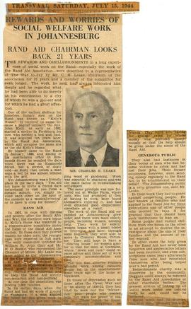 Rewards and Worries of Social Welfare Work in Johannesburg. Rand Aid Chairman looks back 21 years. [NC in 2 parts] The Star 15/07/1944.