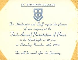 St Stithians College First Annual Presentation of Prizes, Saturday 24th November, 1962. [Invitati...