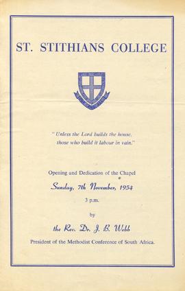 1954  St Stithians College. Opening and Dedication of the Chapel, Sunday 7th November, 1954: cover