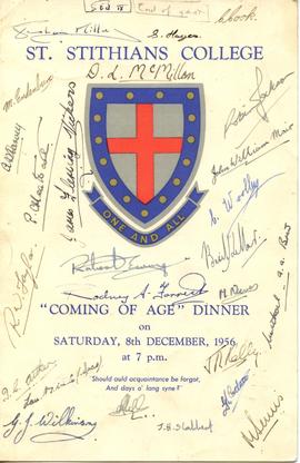 1956 "Coming of Age Dinner" on Saturday 8th December, 1956: cover