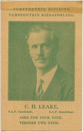 Turffontein Division. Turffontein Kiesafdeling. C.H. Leake. S.A.P. Candidate. Provincial Council Elections. (cover)