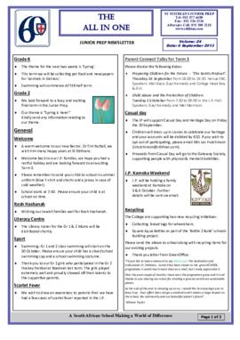 Junior Prep newsletters "The All in One" 2013 Term 3