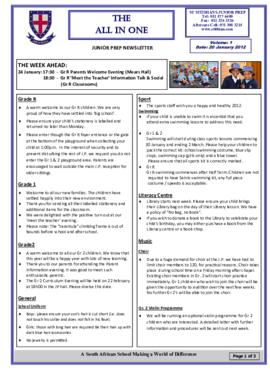 Junior Prep newsletters "The All in One" 2012 Term 1