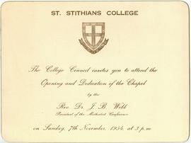 1954  St Stithians College Council. Invitation to the Opening and Dedication of the Chapel by the...